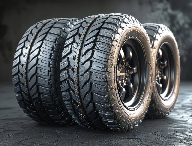 Four car tires are rolling on black background. 4 new tires on a dark background. AI generated. Four car tires are rolling on black background. 4 new tires on a dark background. AI generated