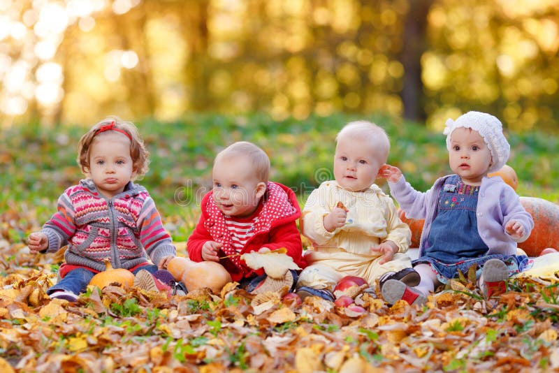 Fyra gladlynta små behandla som ett barn sammanträde på gul höst fotografering för bildbyråer Fyra gladlynta små behandla som ett barn sammanträde på gul höst fotografering för bildbyråer