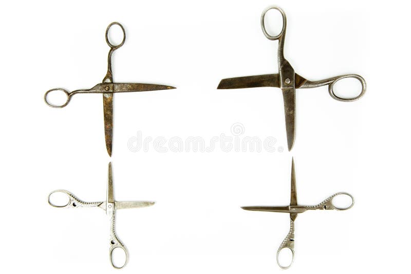 Four vintage scissors in quadrangular shape on white background, concept. Four vintage scissors in quadrangular shape on white background, concept