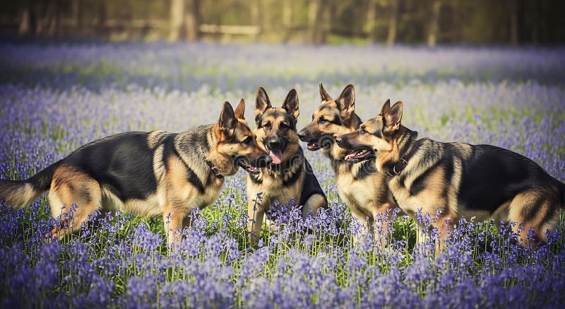 Fyra tyska shepherds Canis lupus familiaris står tillsammans på ett lush field av stock illustrationer