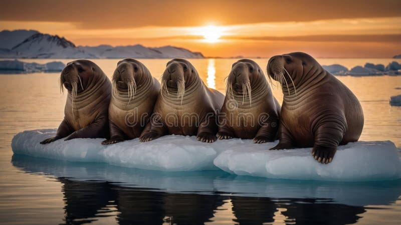 Fyra Walrus Relaxing on Ice Floe at Sunset i Arktis royaltyfri illustrationer