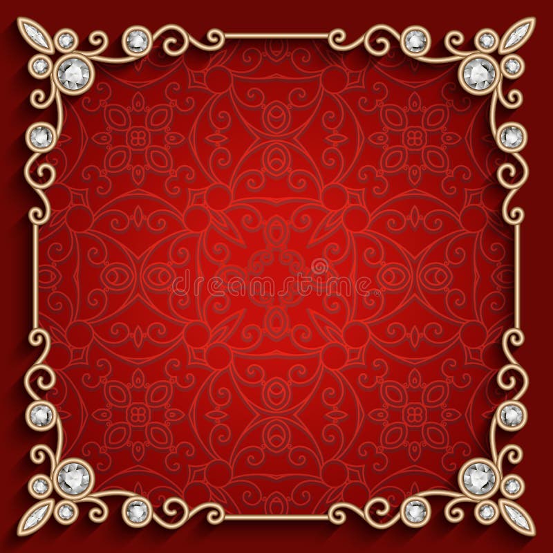 Square jewelry frame, vintage red background with diamond gold decoration. Square jewelry frame, vintage red background with diamond gold decoration