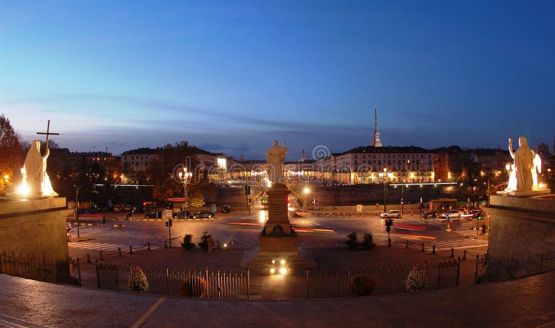 Evening view of Vittorio Veneto square, from the perspective of the Gran Madre church in Turin, Italy. Evening view of Vittorio Veneto square, from the perspective of the Gran Madre church in Turin, Italy.