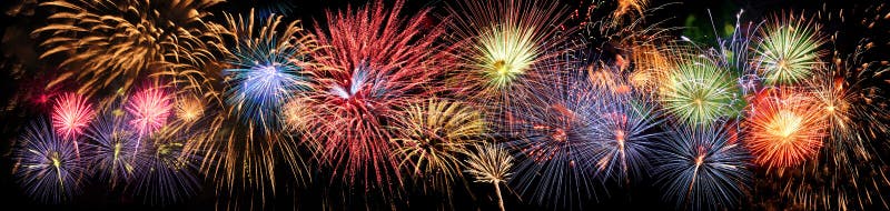 Colorful panoramic view of fireworks over night sky. Colorful panoramic view of fireworks over night sky