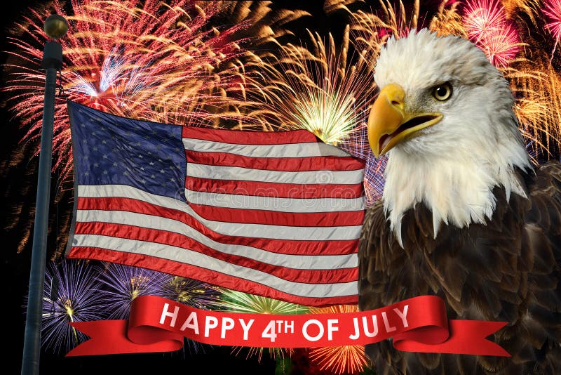 Fireworks display during fourth of July with American flag and bald eagle. Fireworks display during fourth of July with American flag and bald eagle