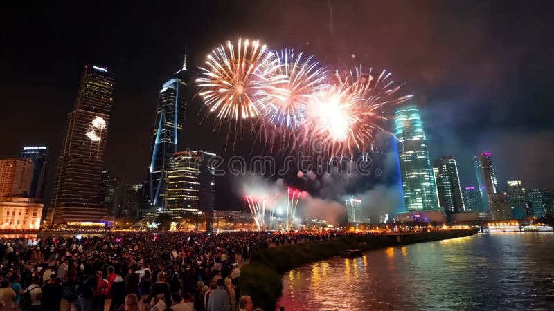 Fyrverkerier som exploderar över Songdo-centralparken i Incheon Sydkorea arkivfilmer