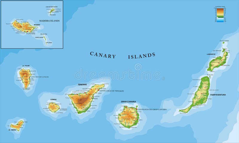 Fysieke kaart van de Canarische Eilanden en Madeira