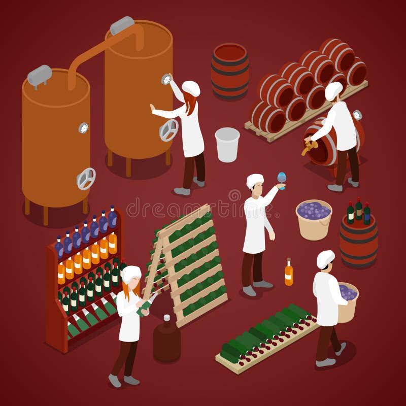 Fábrica da adega Linha de produção do vinho Ilustração 3d lisa isométrica ilustração stock Fábrica da adega Linha de produção do vinho Ilustração 3d lisa isométrica ilustração stock