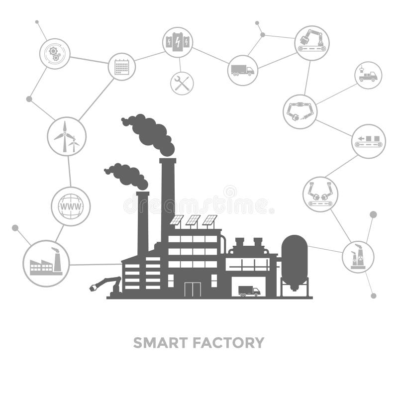 Fábrica esperta e em torno dela ícones Fábrica esperta ou Internet industrial das coisas ilustração royalty free Fábrica esperta e em torno dela ícones Fábrica esperta ou Internet industrial das coisas ilustração royalty free