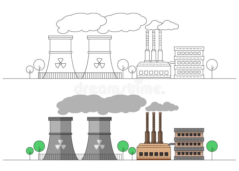 Fábrica industrial com duas estações nucleares Ilustração lisa e linear do vetor coloração Pintura editable Paisagem tubulações ilustração do vetor Fábrica industrial com duas estações nucleares Ilustração lisa e linear do vetor coloração Pintura editable Paisagem tubulações ilustração do vetor