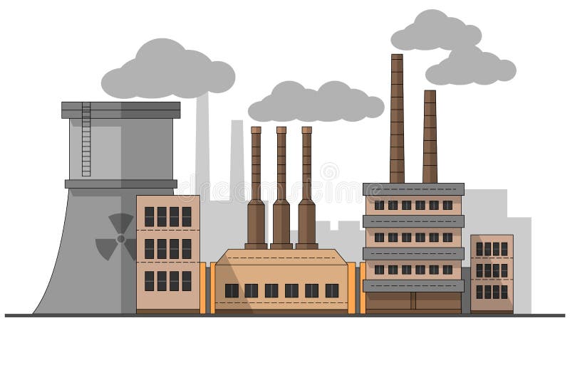 Fábrica industrial com paisagem da estação nuclear Ilustração lisa do vetor Fundo Tubulações com fumo Pintura editable ilustração do vetor Fábrica industrial com paisagem da estação nuclear Ilustração lisa do vetor Fundo Tubulações com fumo Pintura editable ilustração do vetor