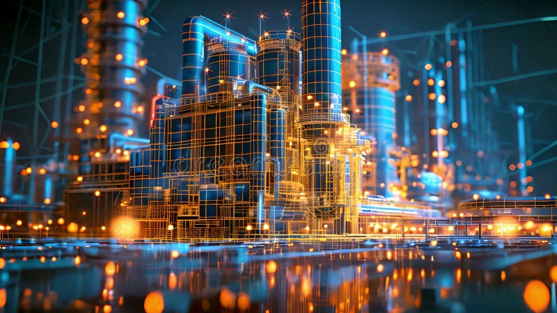 Fábrica industrial virtual abstracta con malla de alambre holográfico y objetos brillantes stock de ilustración
