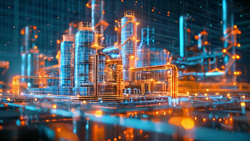 Fábrica industrial virtual abstracta con malla de alambre holográfico y objetos brillantes ilustración del vector