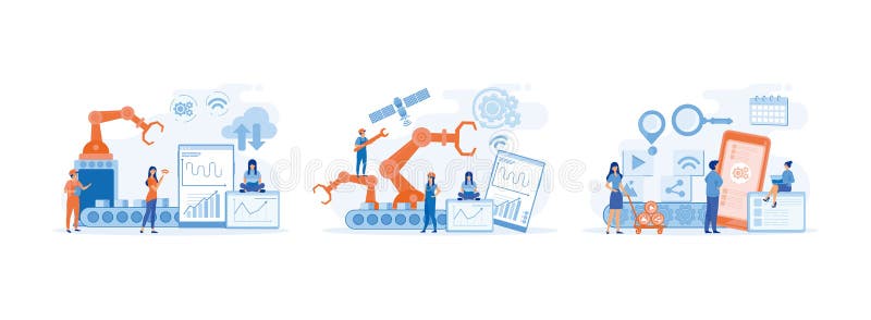 Fábrica inteligente. usuario que se conecta con una tablet cargando un teléfono inteligente y compartiendo datos multimedia con un libre illustration
