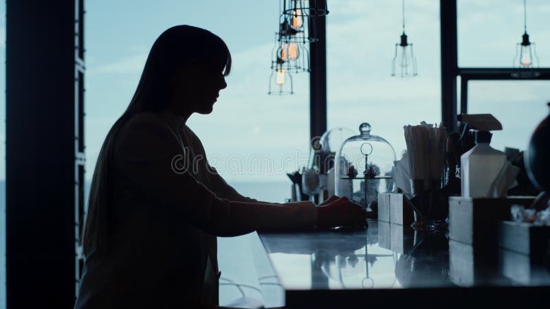 Fâché femme silhouette assise barman seul closeuse. directeur fatigué au bar clips vidéos