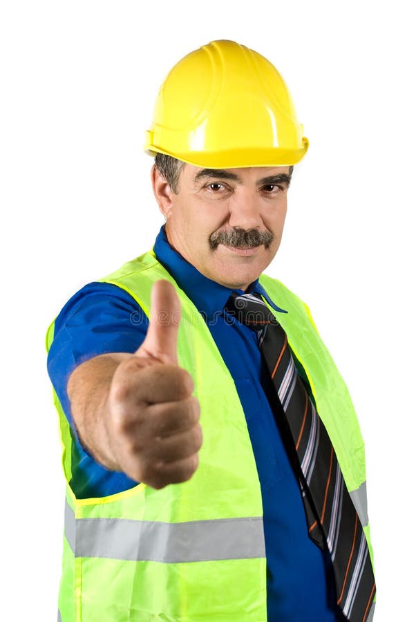 Fälliger Ingenieurmann geben Thumbs-up lizenzfreies stockbild Fälliger Ingenieurmann geben Thumbs-up lizenzfreies stockbild