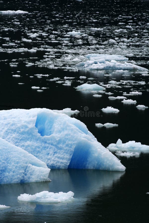 A large iceberg and many smaller chunks of ice floating in the ocean. A large iceberg and many smaller chunks of ice floating in the ocean