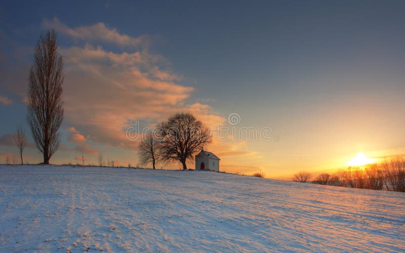 Fältsolnedgångvinter arkivfoto