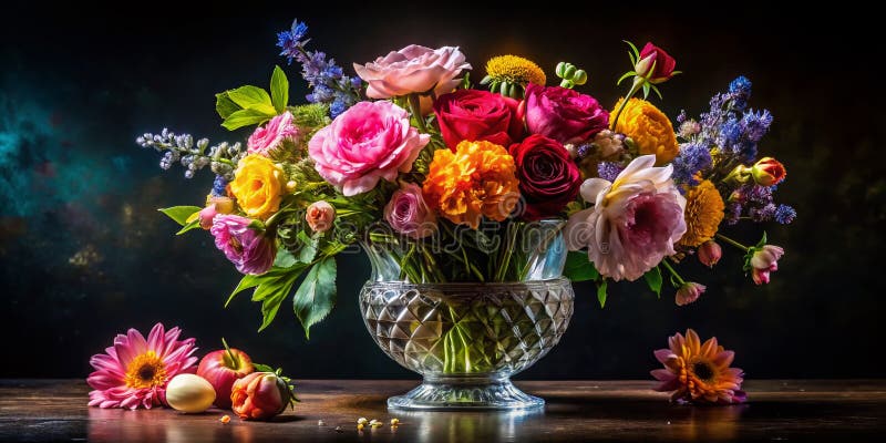 Fängslande nattliga blommor: En mörkt förtrollande bukett i en vas som visar upp utsökt blomsterprakt mot en rik bakgrund vektor illustrationer