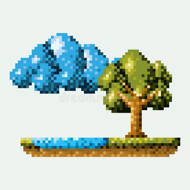Färben Sie pixelated Waldlandschaft in der Wiese mit Baum nahe bei dem Fluss und der Wolke vektor abbildung