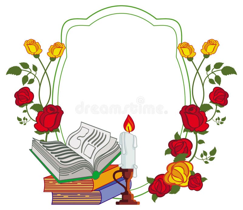 Färben Sie Rahmen mit roten Rosen, Büchern und brennender Kerze stock abbildung