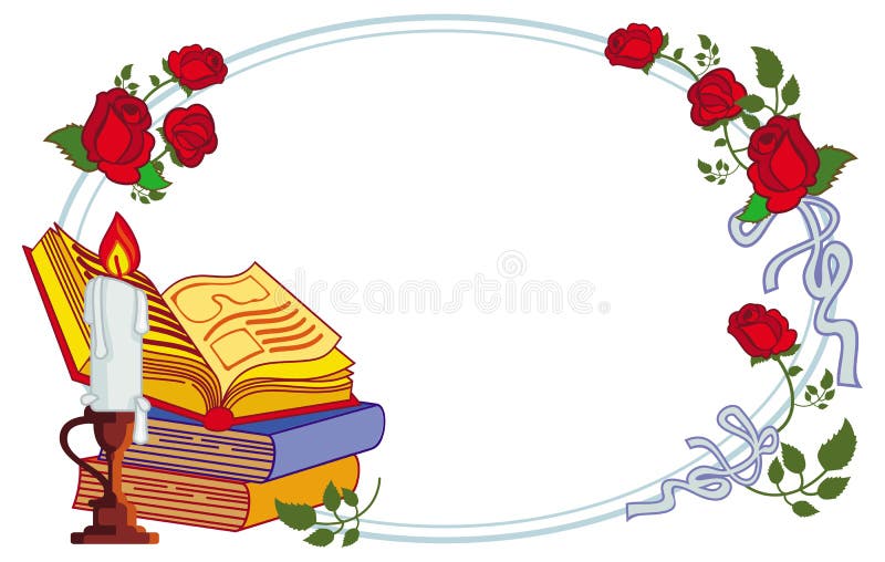 Färben Sie Rahmen mit roten Rosen, Büchern und brennender Kerze stock abbildung