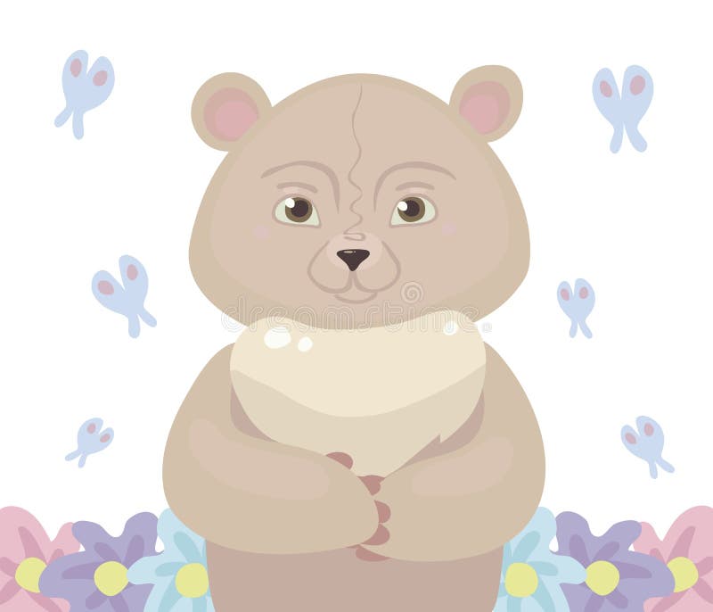 Färg för tecknade filmen för nallebjörnen står flyger växer rosa ljus i mitten, omkring en blå fjäril och blommor som isoleras på stock illustrationer Färg för tecknade filmen för nallebjörnen står flyger växer rosa ljus i mitten, omkring en blå fjäril och blommor som isoleras på stock illustrationer