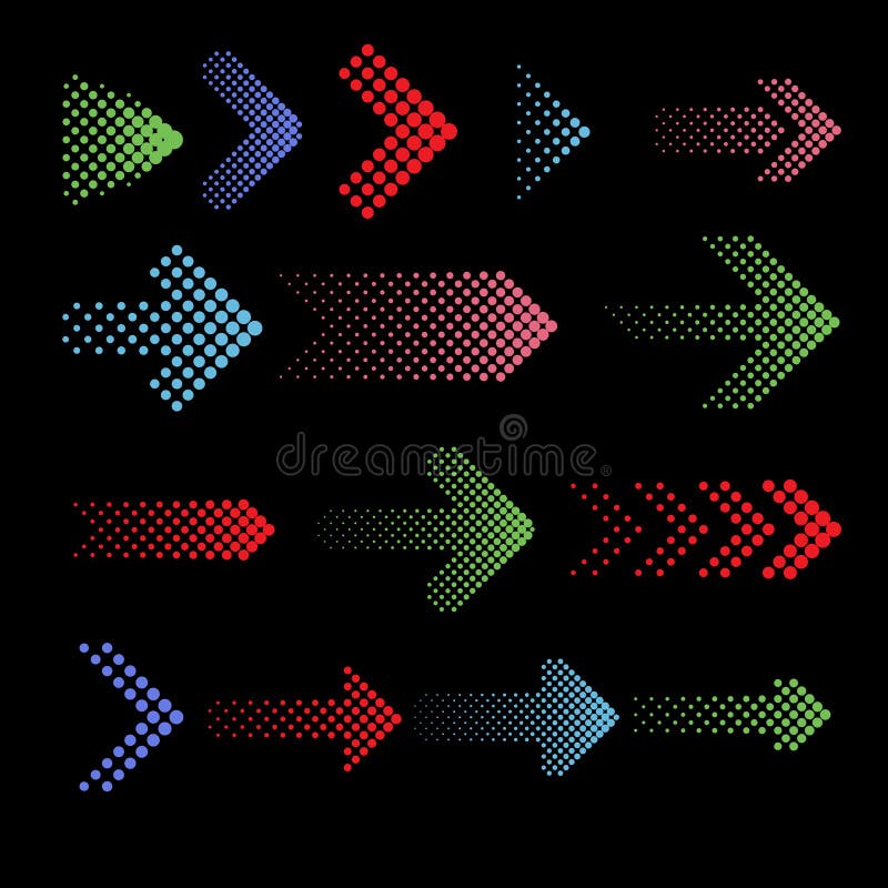 Färga prickiga pilvektorsymboler med rastrerad effekt stock illustrationer Färga prickiga pilvektorsymboler med rastrerad effekt stock illustrationer
