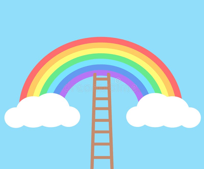Färga regnbågen med moln och trätrappa på backgrou för blå himmel stock illustrationer Färga regnbågen med moln och trätrappa på backgrou för blå himmel stock illustrationer