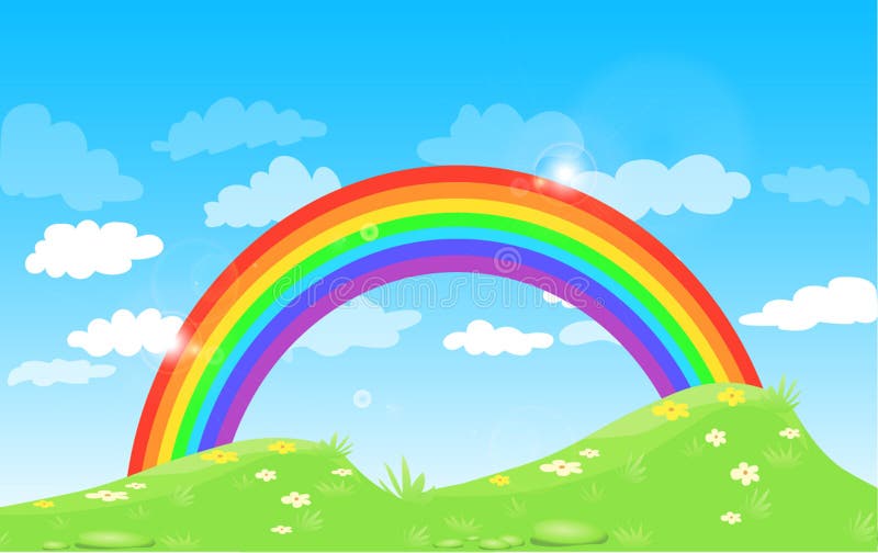 Färga regnbågen med molngräs och blommor, med blå himmel för lutningen stock illustrationer Färga regnbågen med molngräs och blommor, med blå himmel för lutningen stock illustrationer
