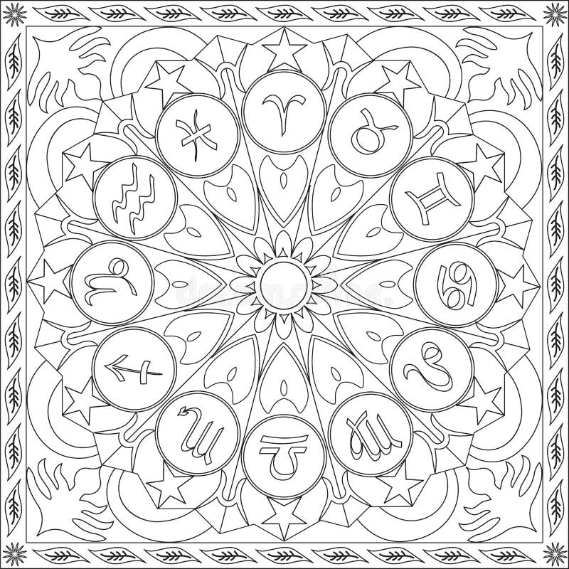 Färga sidaboken för hjulet Mandala Design Vector Illustration för symboler för zodiak för vuxen människafyrkantformat stock illustrationer Färga sidaboken för hjulet Mandala Design Vector Illustration för symboler för zodiak för vuxen människafyrkantformat stock illustrationer