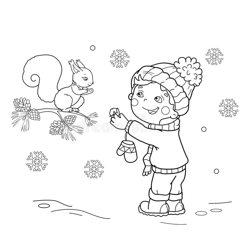 Färga sidaöversikten av tecknad filmpojken som matar en ekorre Vinter royaltyfri illustrationer Färga sidaöversikten av tecknad filmpojken som matar en ekorre Vinter royaltyfri illustrationer