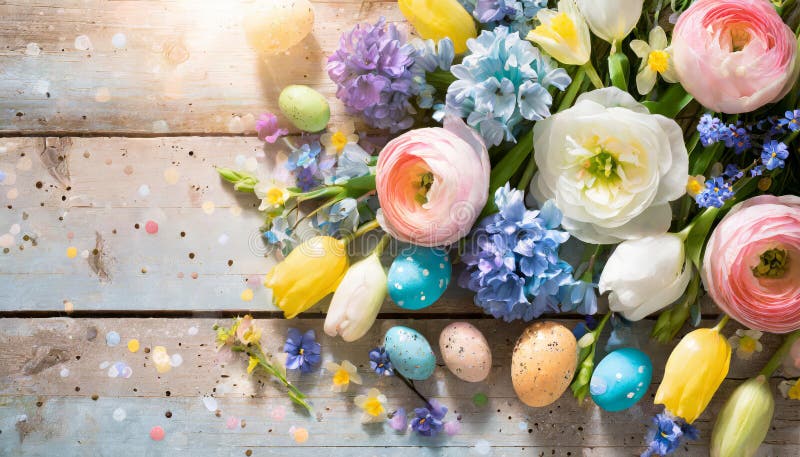 Färga vårblommor med påskägg på tunna, lätta träplåtar med kopieringsutrymme för texten. stock illustrationer