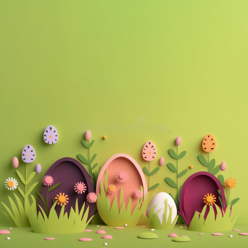 Färgade påskägg och vårblommor. Påskbakgrund eller hälsningskort. papperskonst. AI-generativ illustration. vektor illustrationer