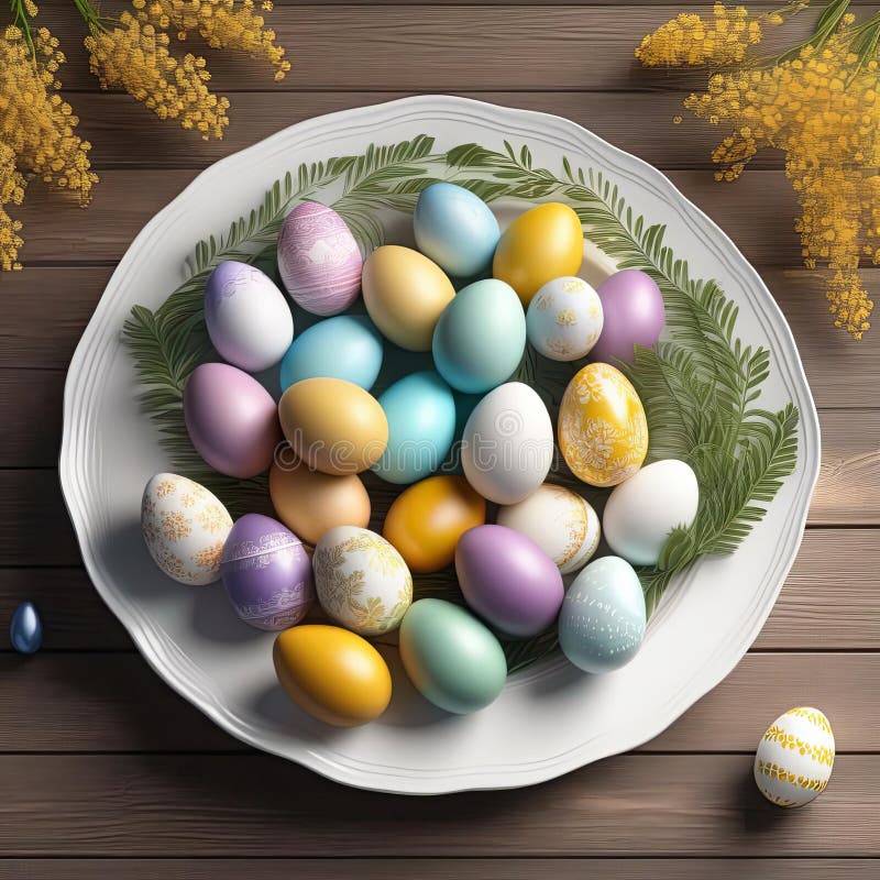 Färgade ägg på en skylt omgiven av en blomande mimosa. stock illustrationer