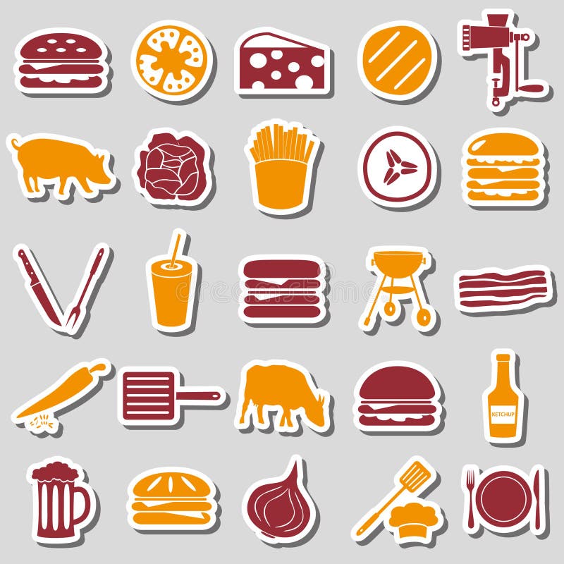 Färgar moderna enkla symboler för hamburgaretema klistermärkear eps10 stock illustrationer Färgar moderna enkla symboler för hamburgaretema klistermärkear eps10 stock illustrationer