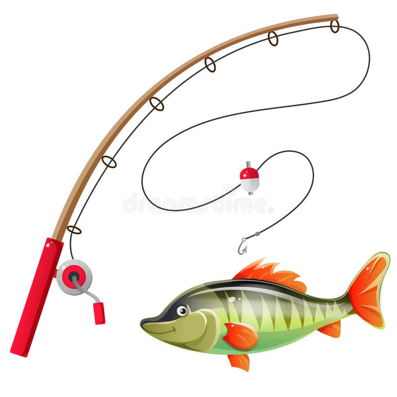 Färgbild av karikatyrstång med stor fisk på vit bakgrund Hobby och fiske Vektorillustration vektor illustrationer