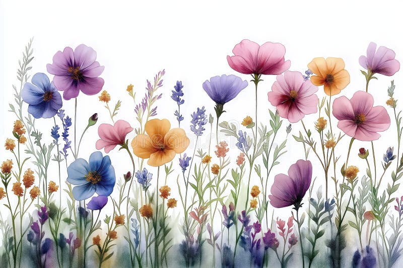 Färgblommor i ängsmark. delikat vattenfärgsformat. Floralt sommardesign. horisontell blomkanten. perfekt för kortbanderoller vektor illustrationer