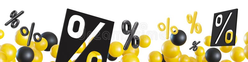 Färgfull 3D-rendering med en siddesign som visar rabattsymboler och pulserande gula och svarta bollar. Perfekt för att locka vektor illustrationer