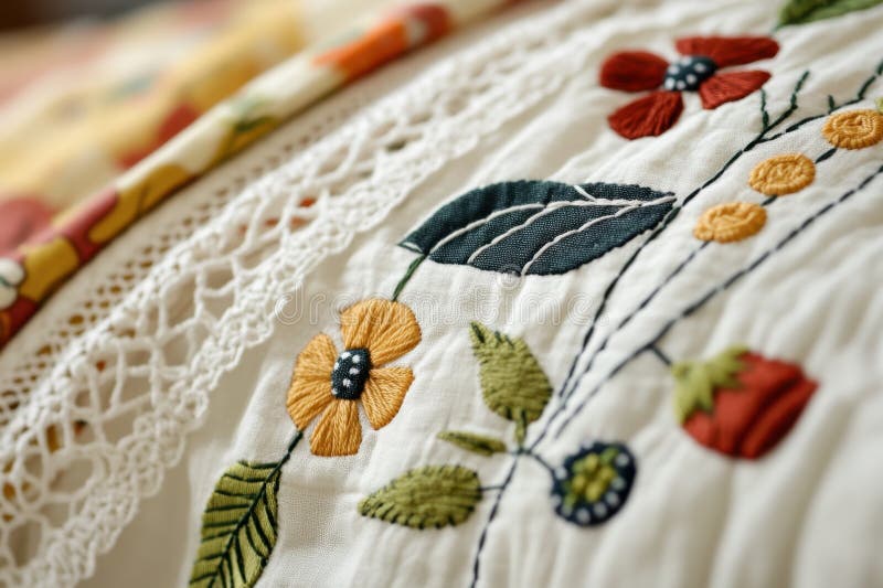 Färgfull Floral Embroidery på textilier med intricat textilinformation. arkivfoto