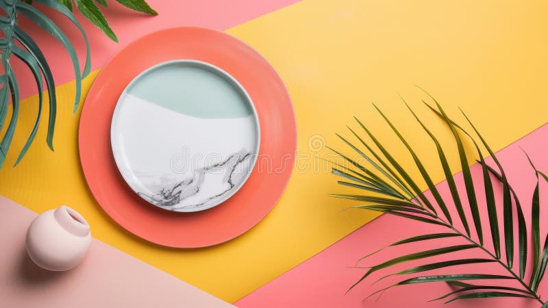 Färgfull minimalistisk platsinsättning med tropiska blad arkivbild