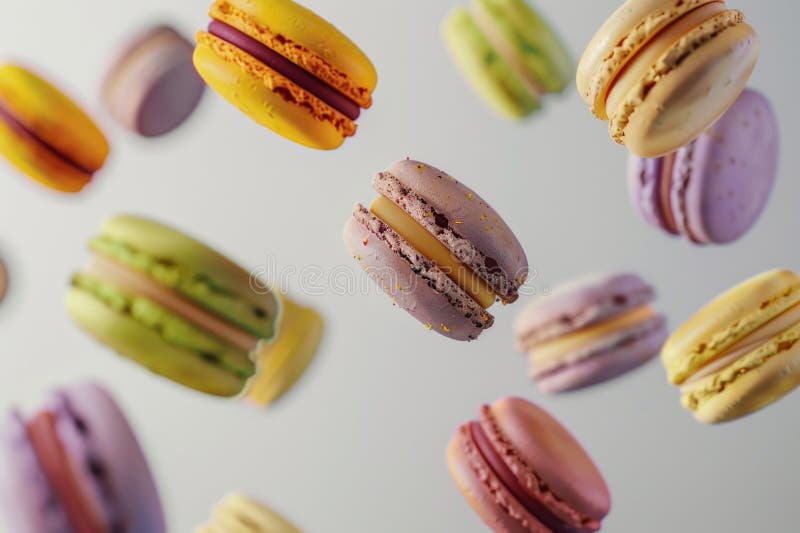 Färgfulla makaroner. Macaroner i olika färger på vit bakgrund. AI genererad
