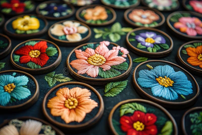 Färgfyllda brodericirklar som visas på en mörk bakgrund med intrikata mönster och vibrerande nyanser i en hantverksstudio arkivbilder