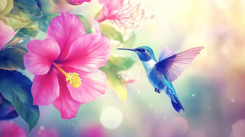 Färgfyllda hummingbird hoving nära vibrerande rosa hibiscus blommor. Begreppet exotisk natur i naturen skönhet tropiska royaltyfri fotografi