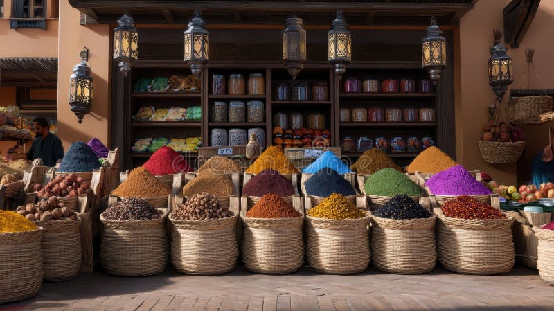 Färgfyllda kryddor och varor på den marockanska basmarknaden stock illustrationer