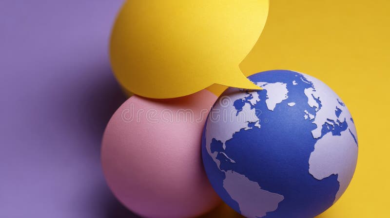 Färgfyllda sfärer med en pappersglob och talbubbla på en sjudande bakgrund som symboliserar global kommunikation och dialog. arkivbild