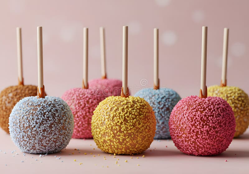 Färgfyllda äpplen av sockerkulör på rosa bakgrund royaltyfri illustrationer
