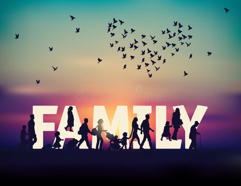 Färgglada familjerord: folk reser med silhuettersoluppgång och himmel royaltyfri illustrationer
