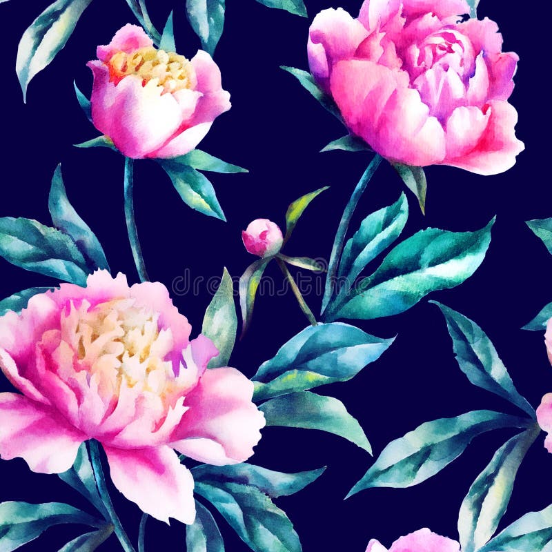 Färggul rosa peonier och blad, sömlöst mönster arkivfoton Färggul rosa peonier och blad, sömlöst mönster arkivfoton