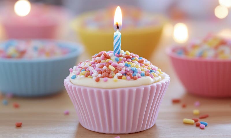 Färgkakor med sprinkler och ljusdessertfixering med suddiga skålar av sprinkler i bakgrunden arkivbilder